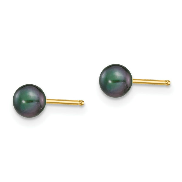 14K Yellow Gold 4-5mm Black Round Freshwater Cultured Pearl Stud Earrings
