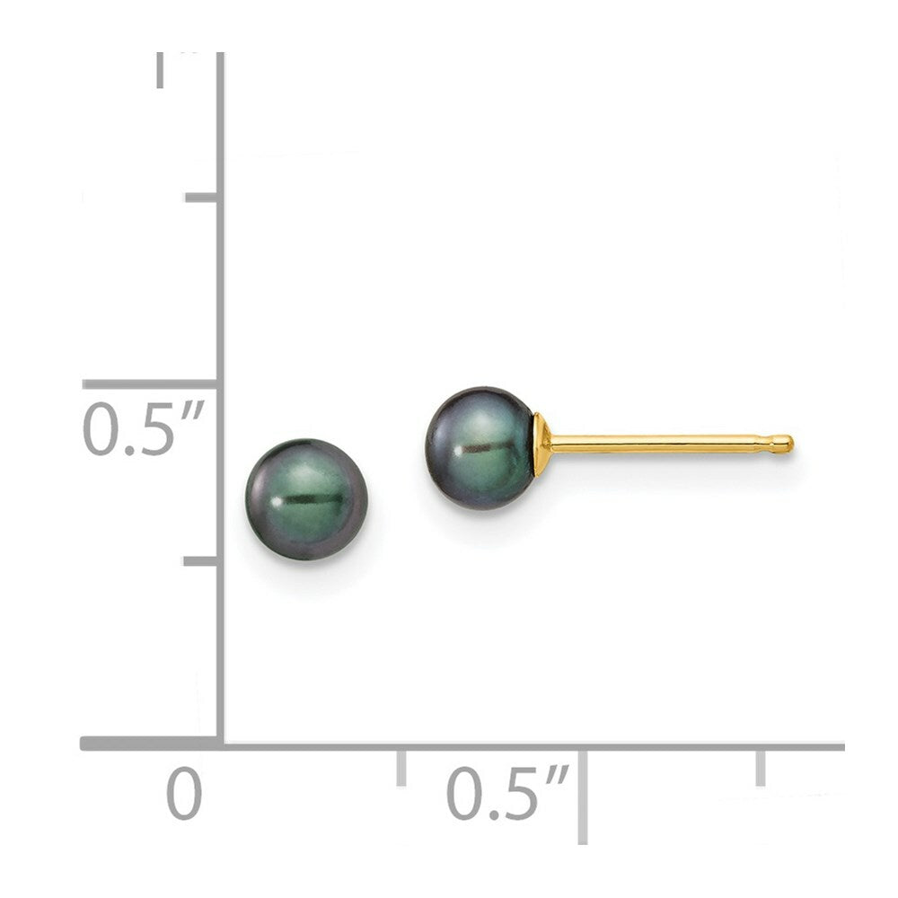 14K Yellow Gold 4-5mm Black Round Freshwater Cultured Pearl Stud Earrings