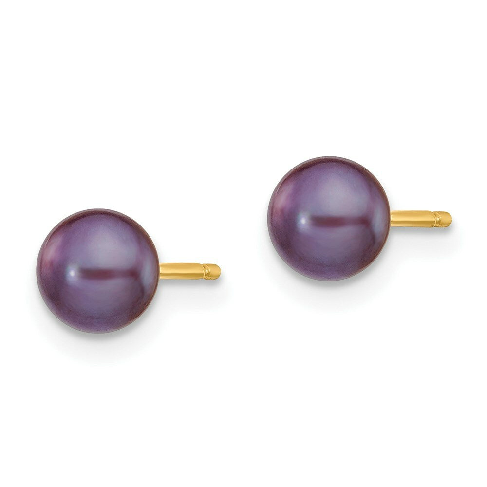 14K Yellow Gold 5-6mm Black Button Freshwater Cultured Pearl Stud Earrings