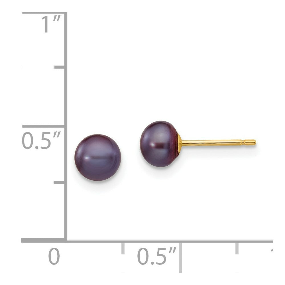 14K Yellow Gold 5-6mm Black Button Freshwater Cultured Pearl Stud Earrings