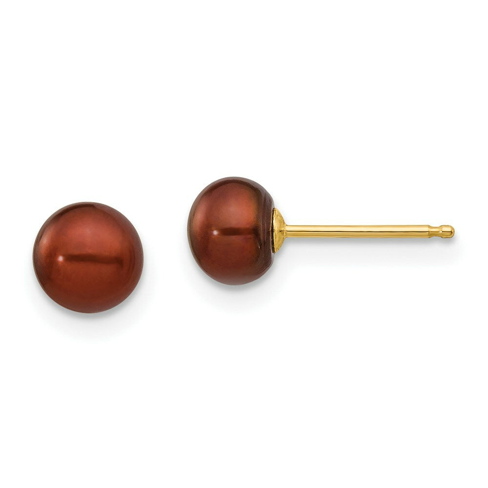 14K Yellow Gold 5-6mm Coffee Button Freshwater Cultured Pearl Stud Earrings