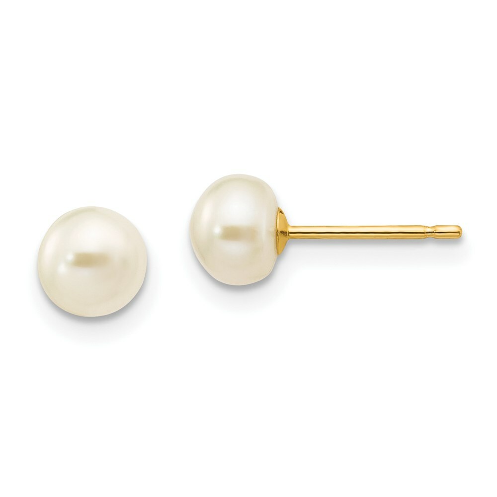 14K Yellow Gold 5-6mm White Button Freshwater Cultured Pearl Stud Earrings