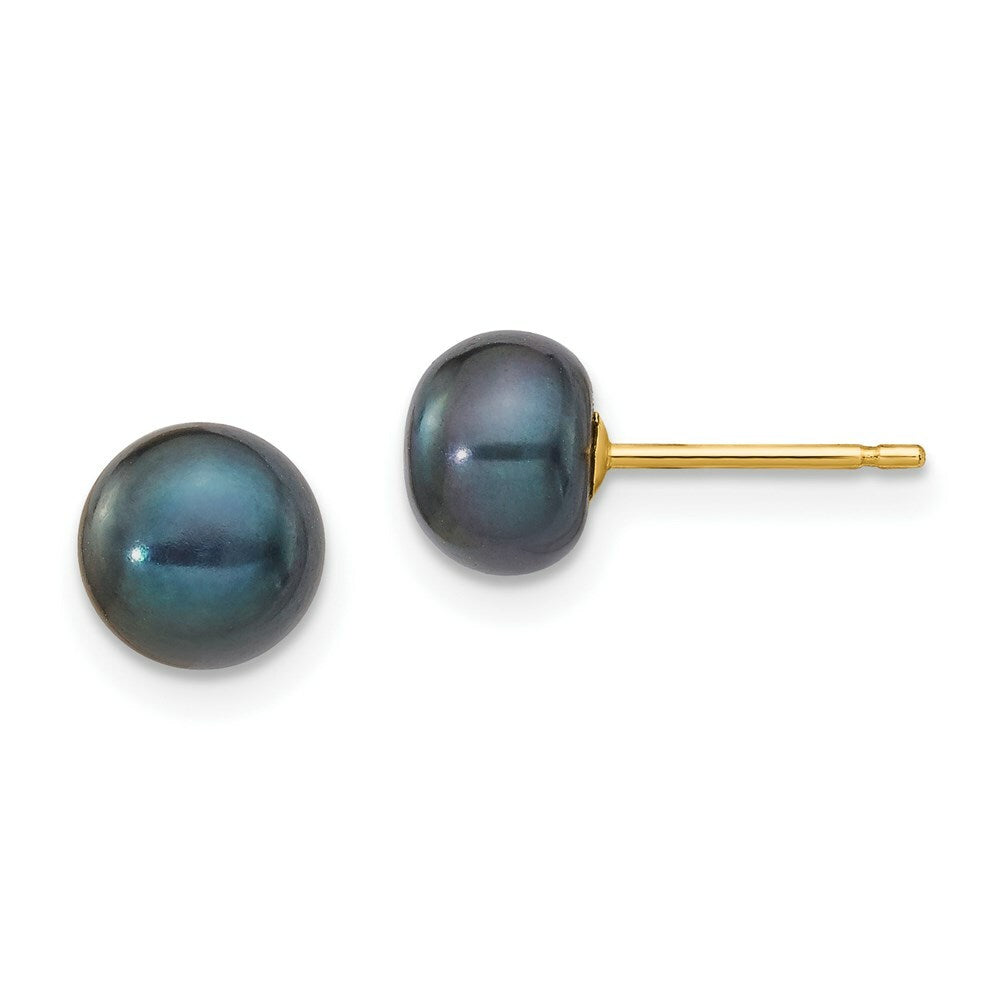 14K Yellow Gold 6-7mm Black Button Freshwater Cultured Pearl Stud Earrings