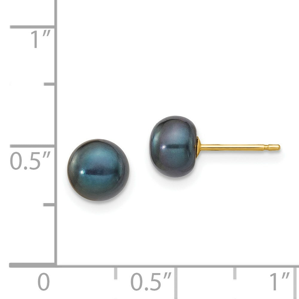 14K Yellow Gold 6-7mm Black Button Freshwater Cultured Pearl Stud Earrings
