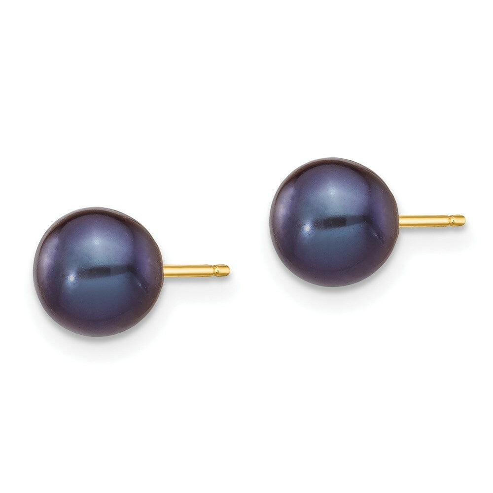 14K Yellow Gold 6-7mm Black Round Freshwater Cultured Pearl Stud Earrings