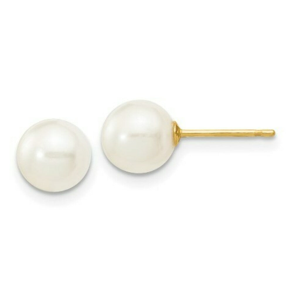 6-7mm White Round Freshwater Cultured Pearl Stud Earrings in 14K Yellow Gold