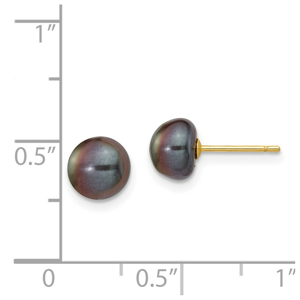14K Yellow Gold 7-8mm Black Button Freshwater Cultured Pearl Stud Earrings