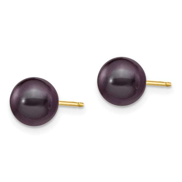 14K Yellow Gold 7-8mm Black Round Freshwater Cultured Pearl Stud Earrings