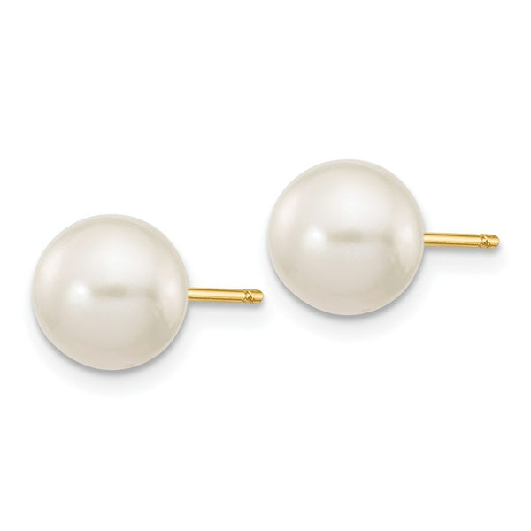 14K Yellow Gold 7-8mm White Round Freshwater Cultured Pearl Stud Earrings