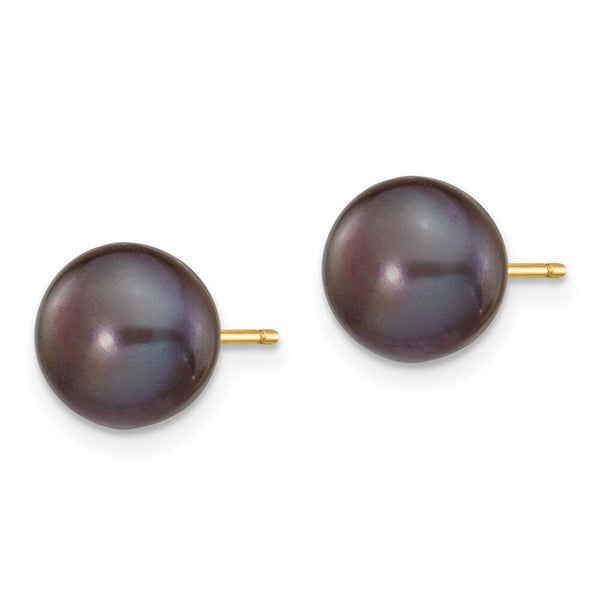 14K Yellow Gold 8-9mm Black Button Freshwater Cultured Pearl Stud Earrings