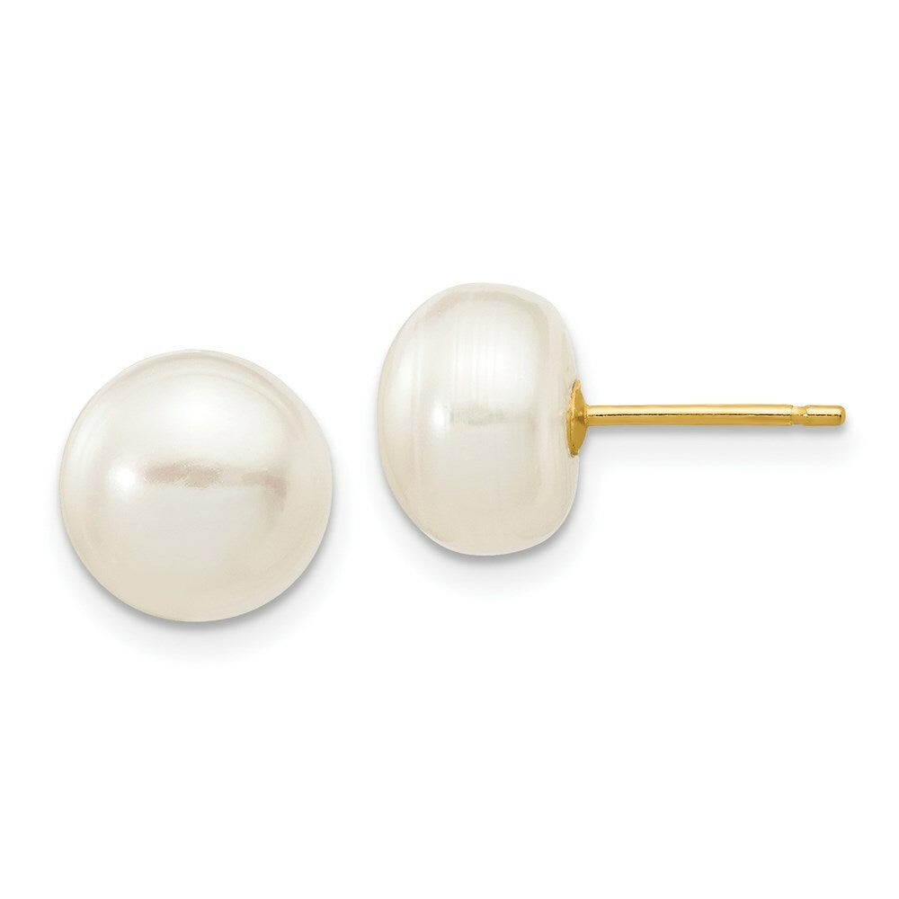 14K Yellow Gold 8-9mm White Button Freshwater Cultured Pearl Stud Earrings