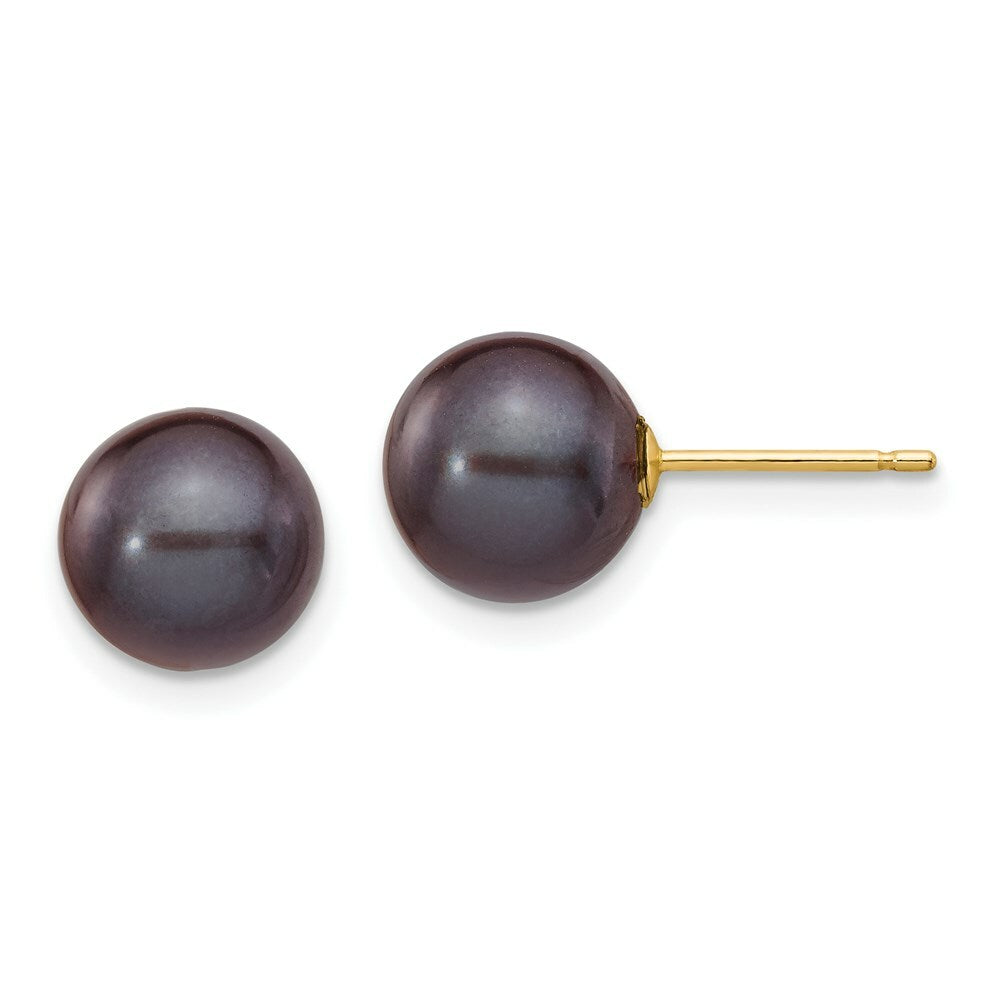 14K Yellow Gold 8-9mm Black Round Freshwater Cultured Pearl Stud Earrings