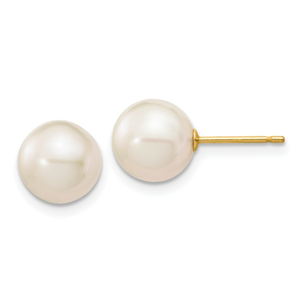 14K Yellow Gold 8-9mm White Round Freshwater Cultured Pearl Stud Earrings
