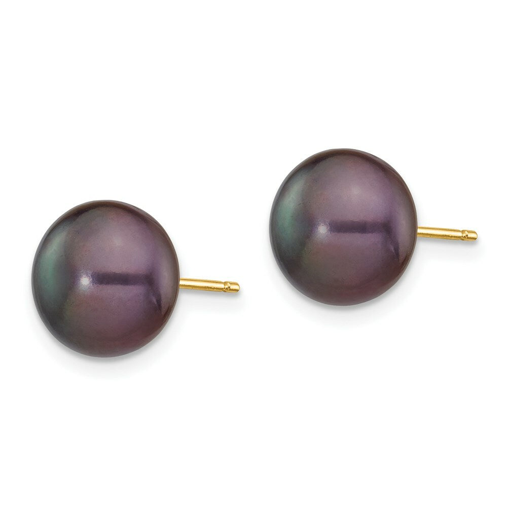 14K Yellow Gold 9-10mm Black Button Freshwater Cultured Pearl Stud Earrings