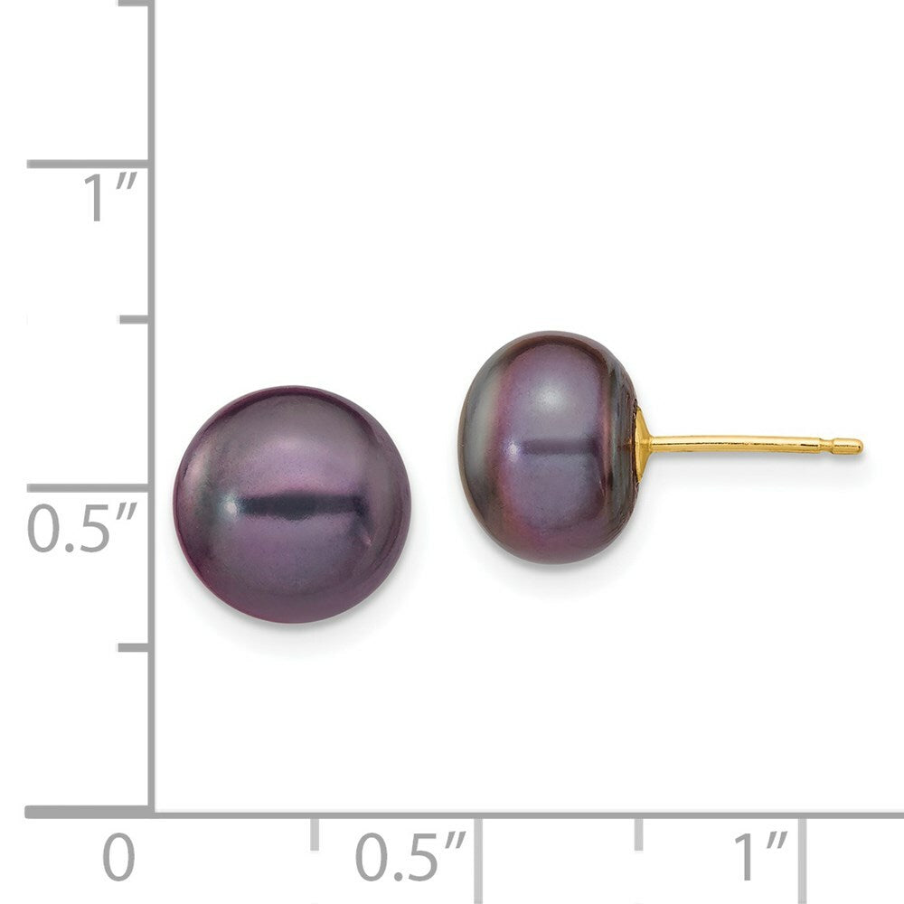 14K Yellow Gold 9-10mm Black Button Freshwater Cultured Pearl Stud Earrings