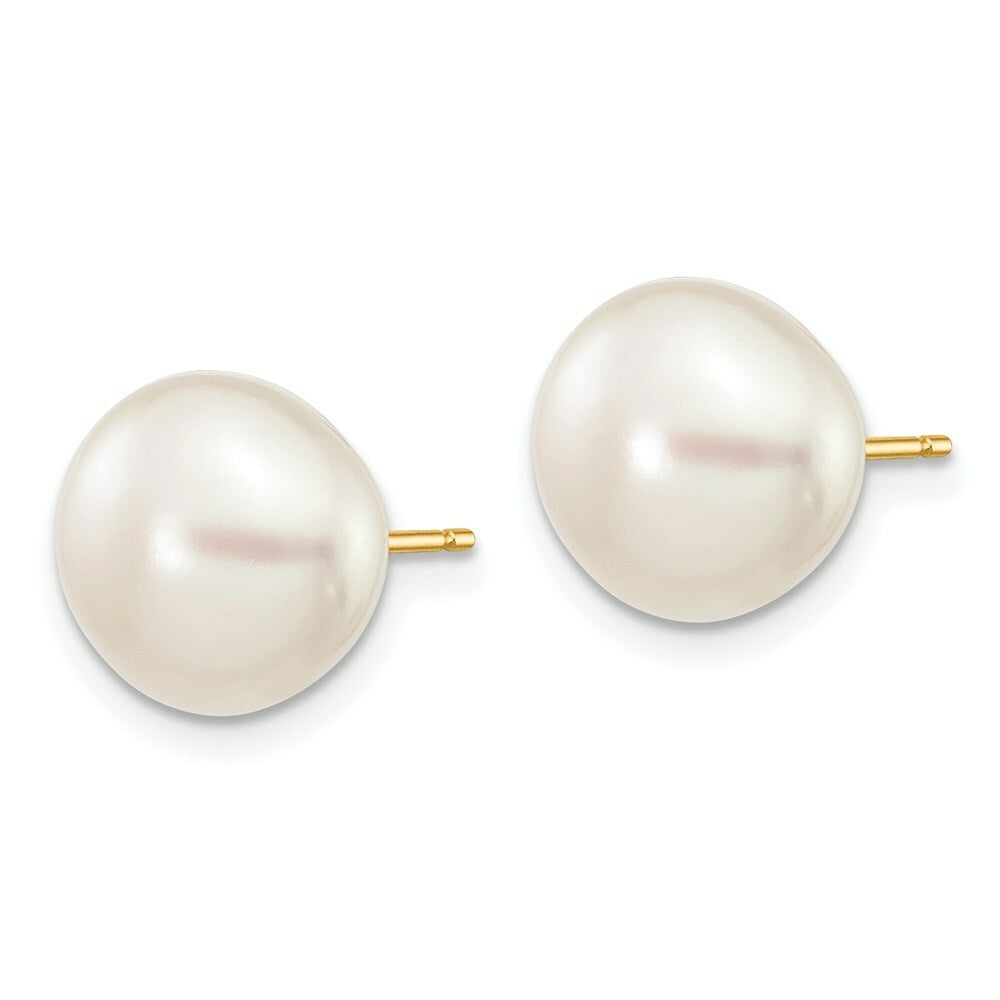 14K Yellow Gold 9-10mm White Button Freshwater Cultured Pearl Stud Earrings
