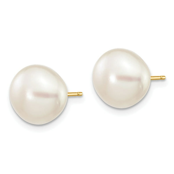 14K Yellow Gold 9-10mm White Button Freshwater Cultured Pearl Stud Earrings