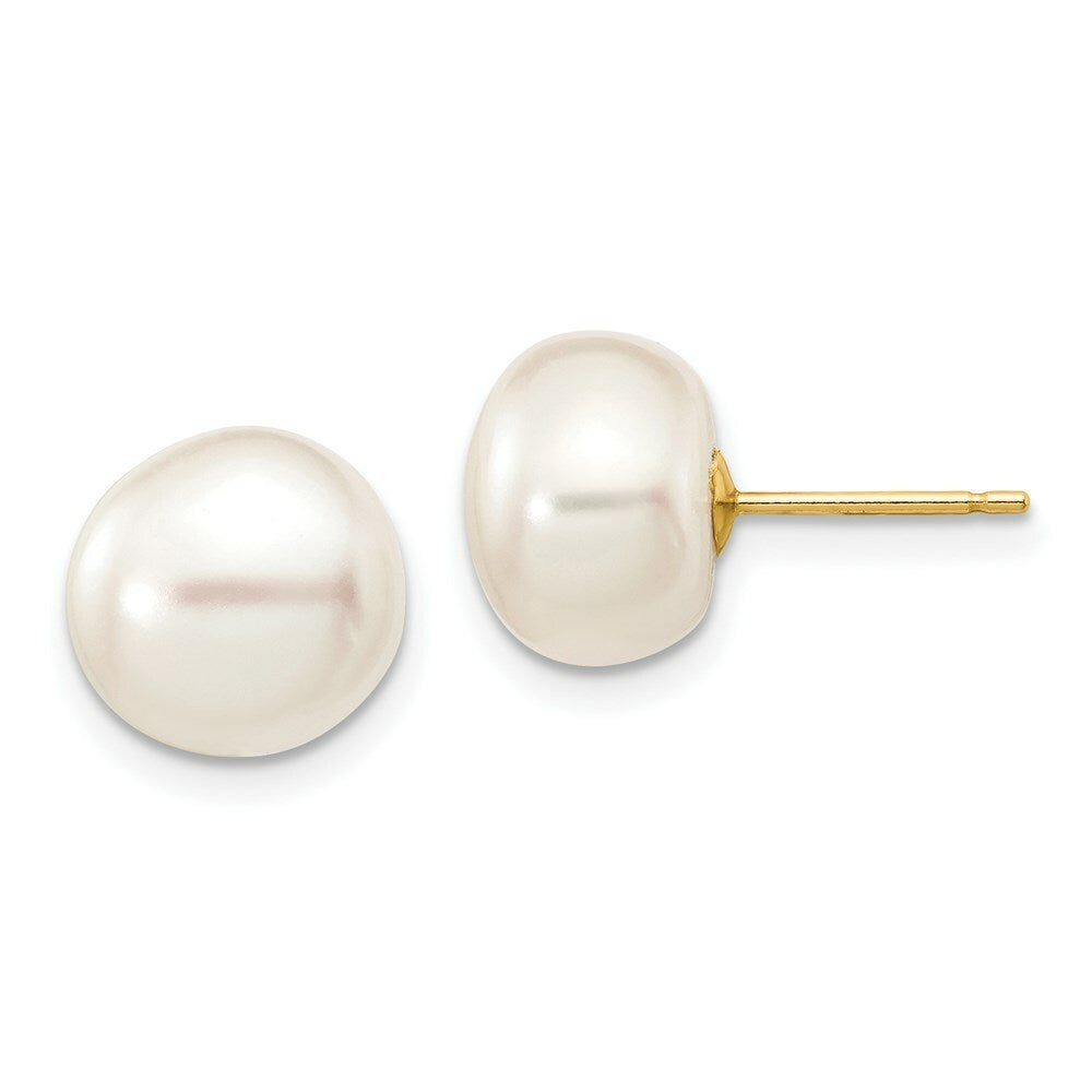 14K Yellow Gold 9-10mm White Button Freshwater Cultured Pearl Stud Earrings
