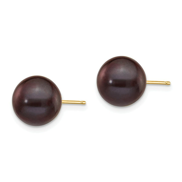 14K Yellow Gold 9-10mm Black Round Freshwater Cultured Pearl Stud Earrings