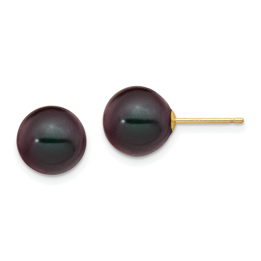 14K Yellow Gold 9-10mm Black Round Freshwater Cultured Pearl Stud Earrings