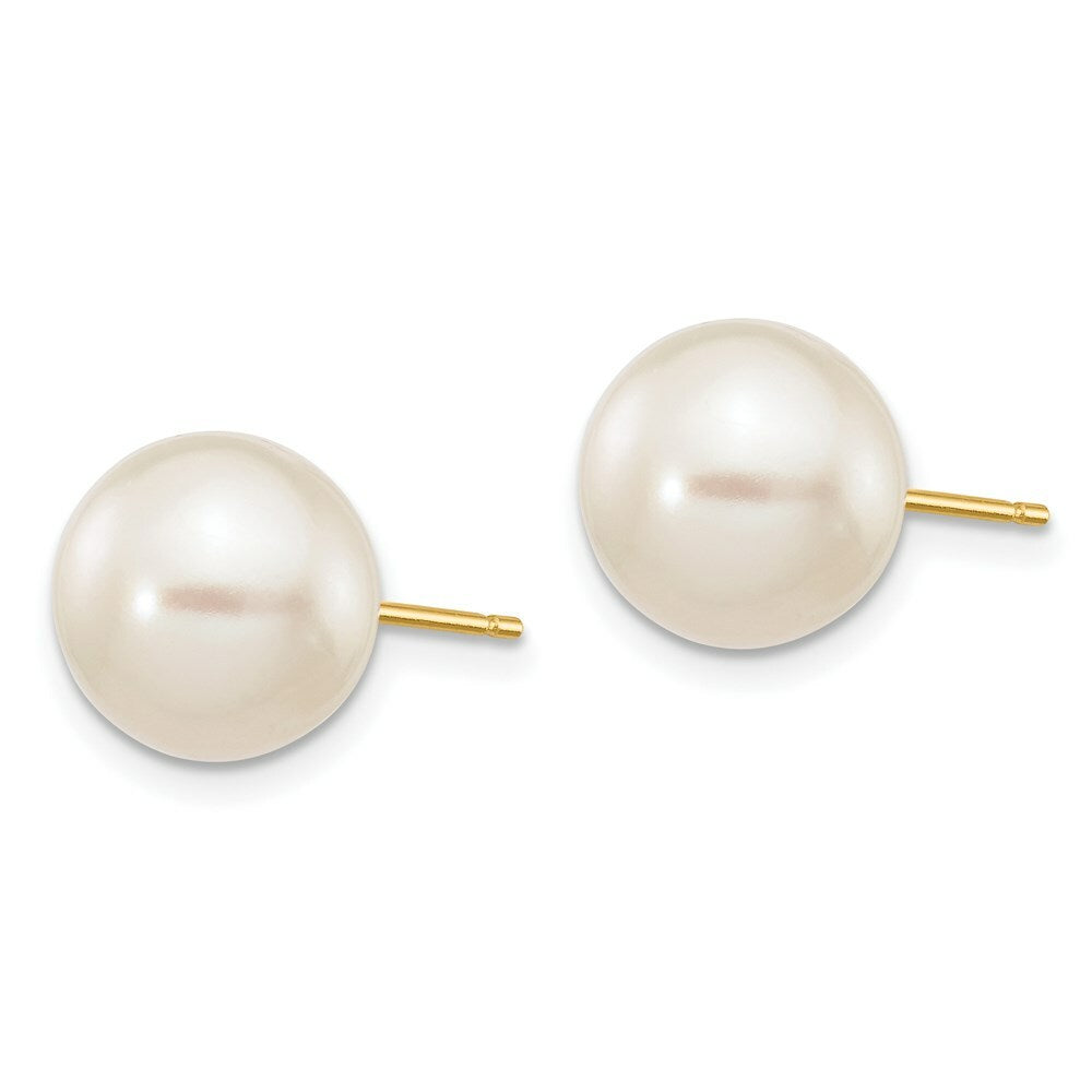 14K Yellow Gold 9-10mm White Round Freshwater Cultured Pearl Stud Earrings
