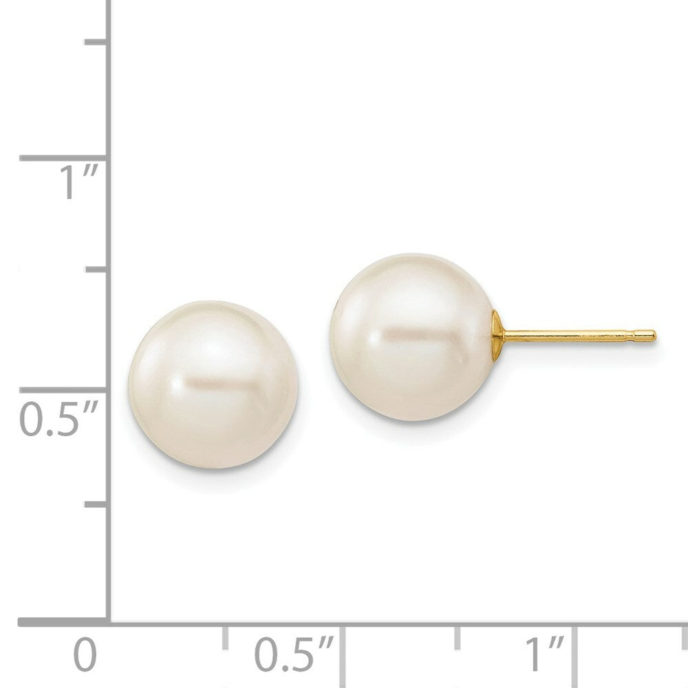 14K Yellow Gold 9-10mm White Round Freshwater Cultured Pearl Stud Earrings