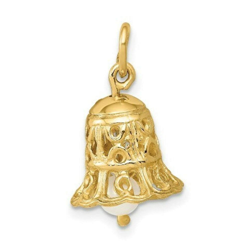 14K Yellow Gold Wedding Bell with Freshwater Cultured Pearl Charm Pendant