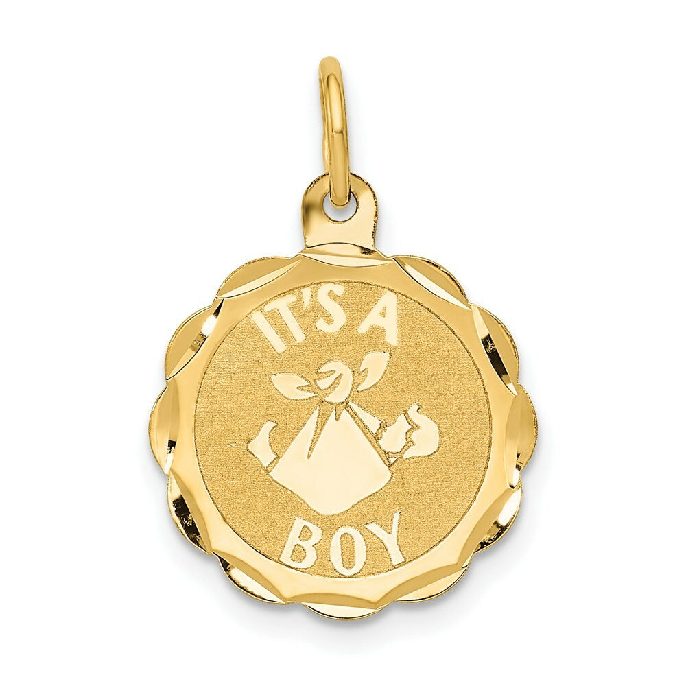 14K Yellow Gold Polished Its a Boy Scalloped Disc Charm Pendant
