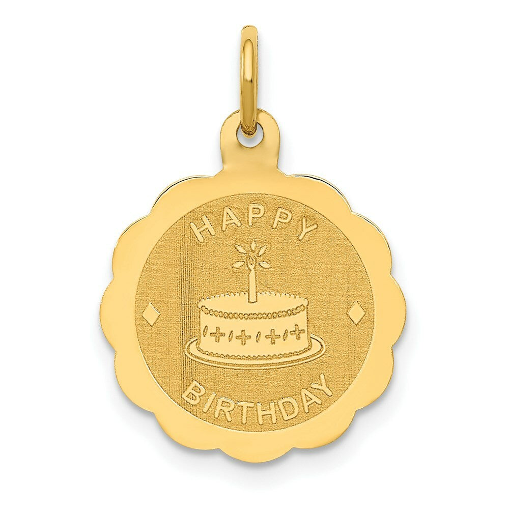 14K Yellow Gold Polished Satin Engraveable Happy Birthday Charm Pendant
