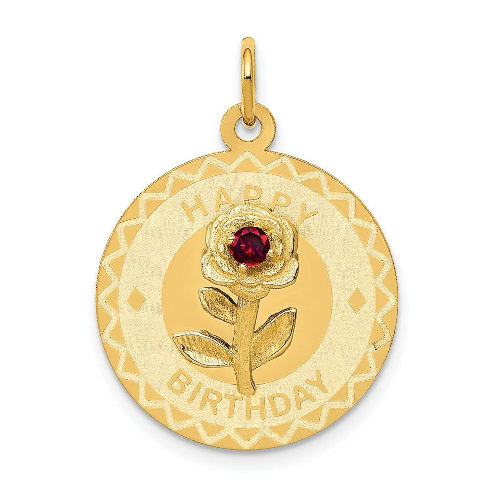 14K Yellow Gold Happy Birthday Disc Charm Pendant with CZ Flower