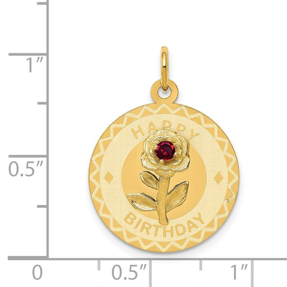 14K Yellow Gold Happy Birthday Disc Charm Pendant with CZ Flower
