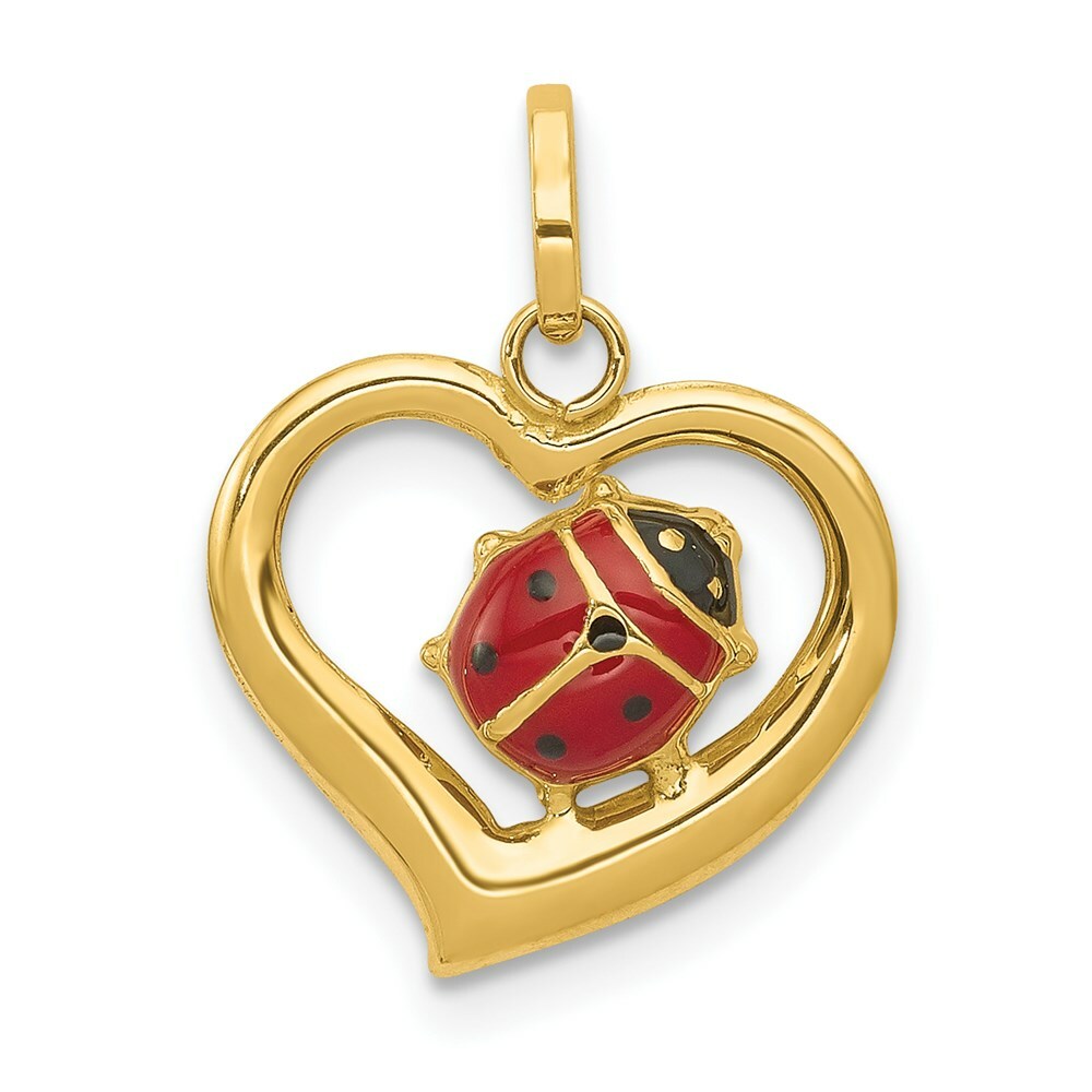 14K Yellow Gold Enameled Ladybug in Heart Charm Pendant
