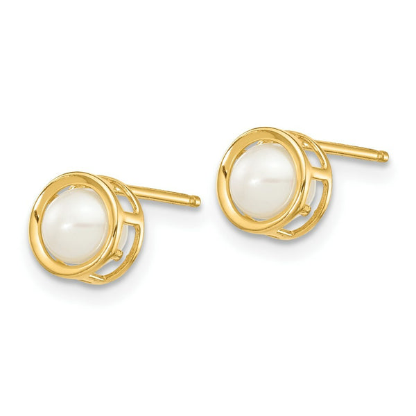 14K Yellow Gold 5mm Bezel Freshwater Cultured Pearl Stud Earrings