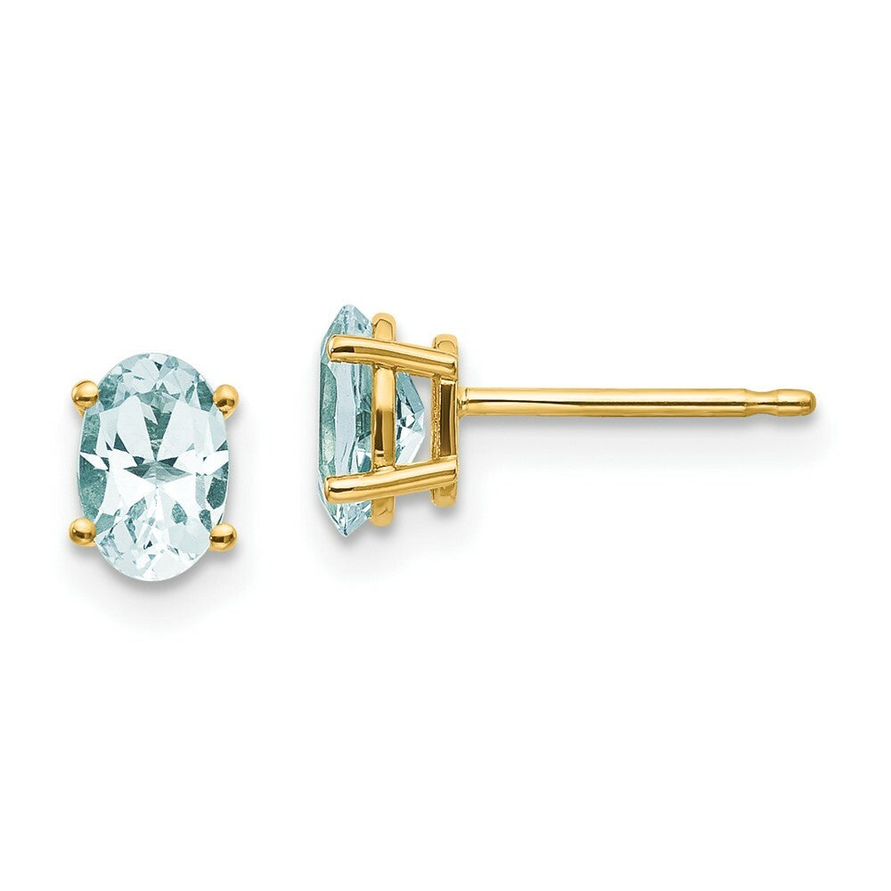 14K Yellow Gold 6x4 Oval March Aquamarine Post Earrings 0.86-Carat tw