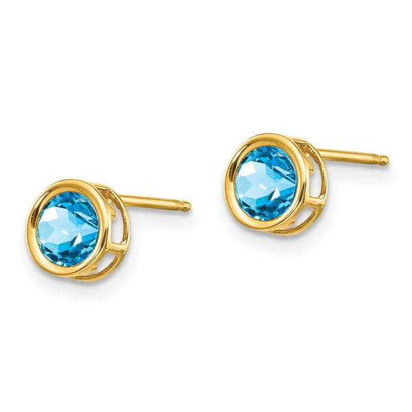 14k 5mm Bezel Blue Topaz Stud Earrings, 14 kt Yellow Gold