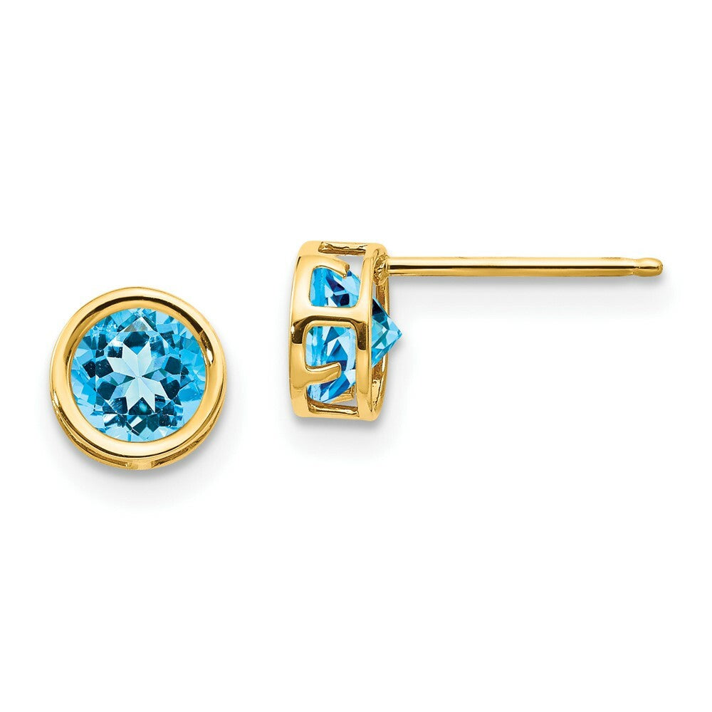 14k 5mm Bezel Blue Topaz Stud Earrings, 14 kt Yellow Gold