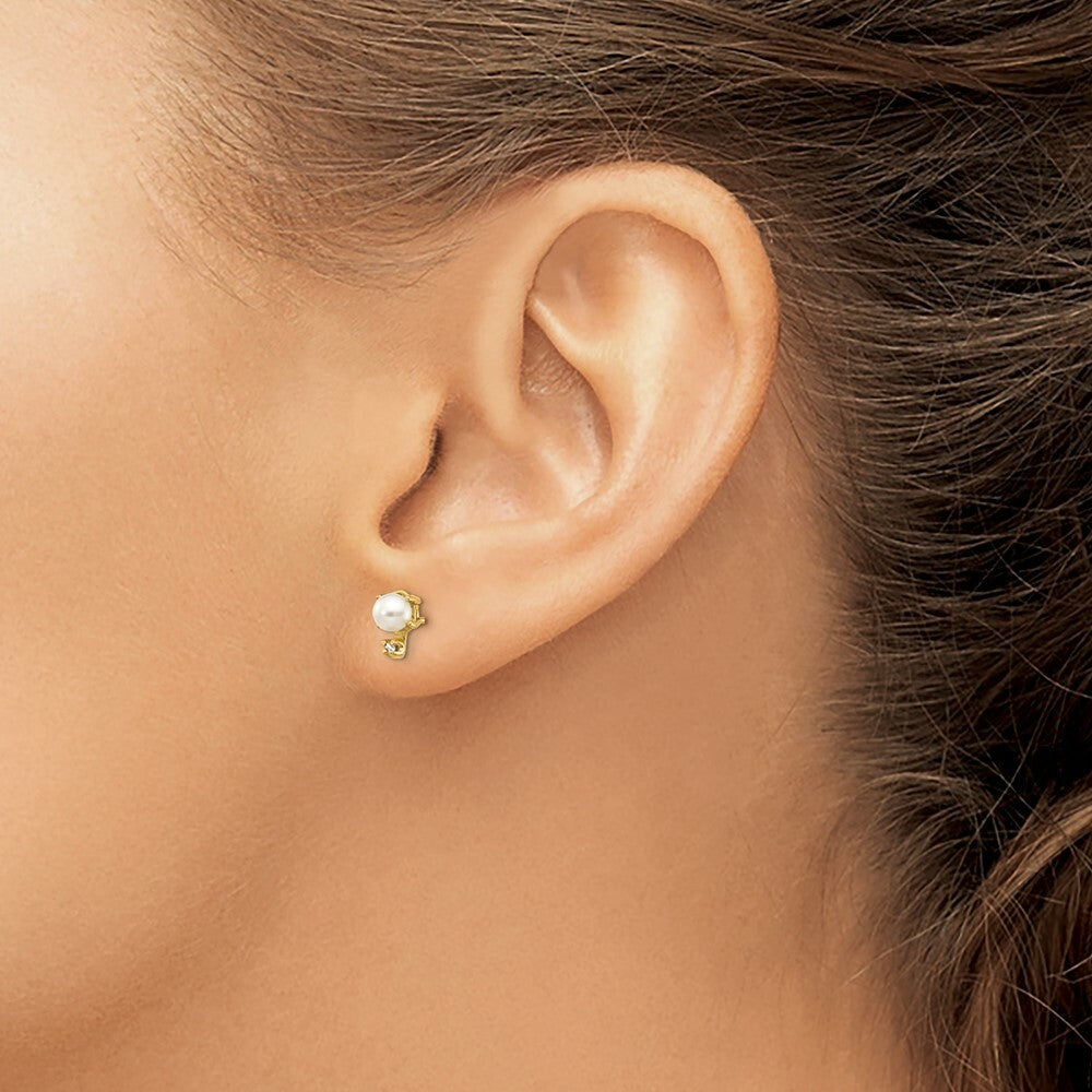 14K Yellow Gold Diamond & Freshwater Cultured Pearl Birthstone Earrings