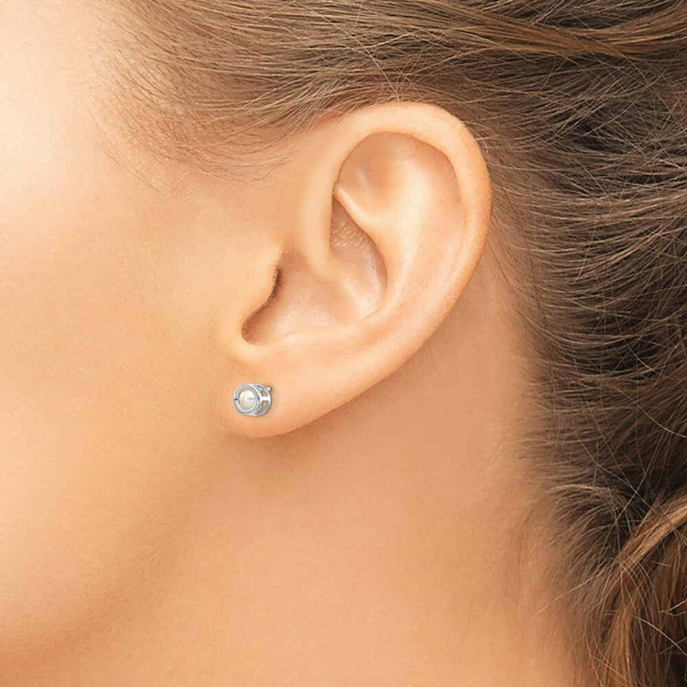 14k White Gold 4mm Bezel June/Freshwater Cultured Pearl Post Earrings