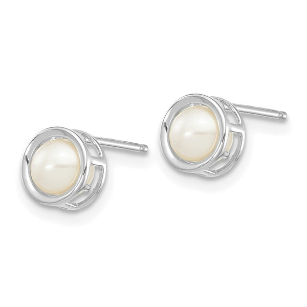 14k White Gold 5mm Bezel Freshwater Cultured Pearl Stud Earrings