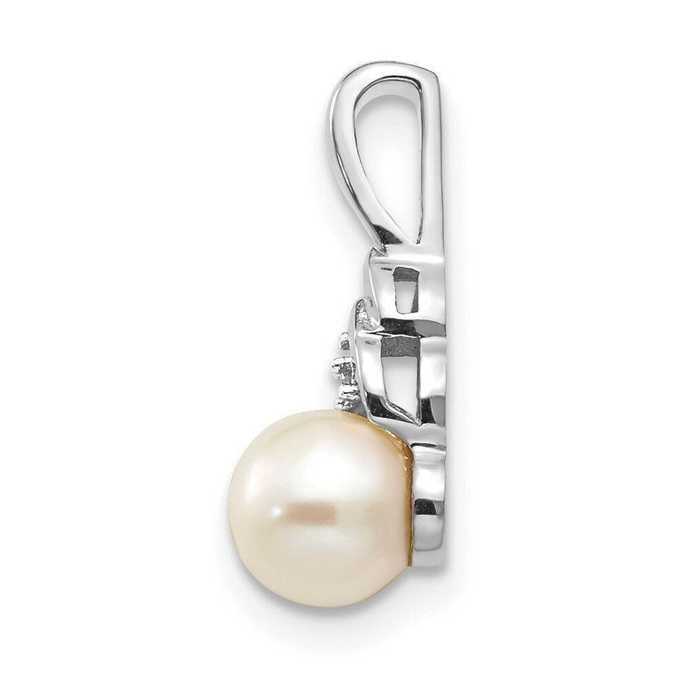 14K White Gold Genuine 6mm Freshwater Cultured Pearl and Diamond Pendant