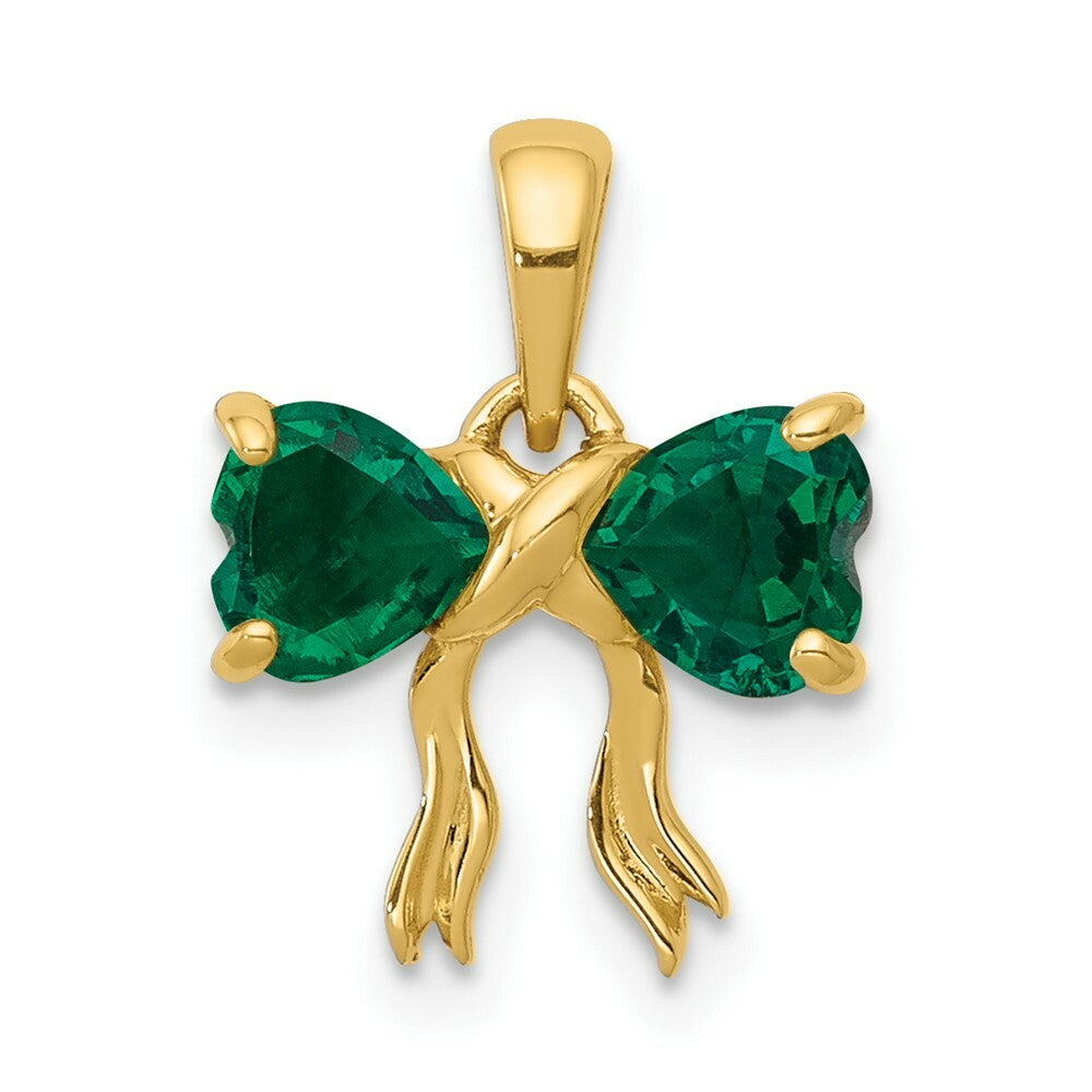 14k Yellow Gold Polished Created Emerald Bow Pendant