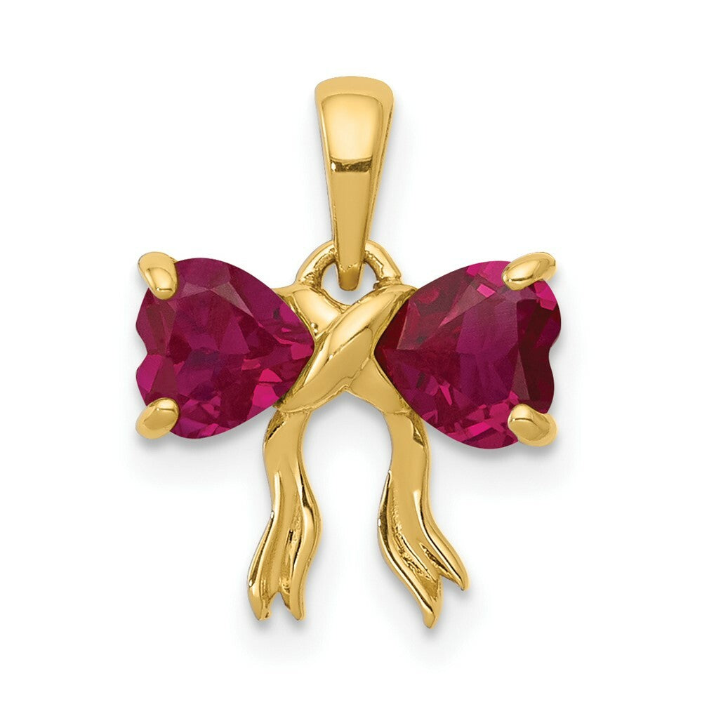 14k Yellow Gold Polished Created Ruby Bow Pendant