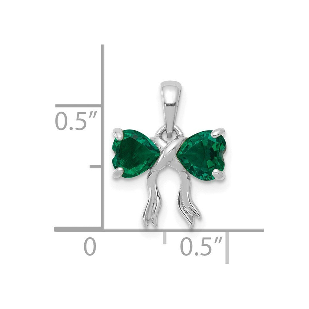 14k White Gold Polished Created Emerald Bow Pendant