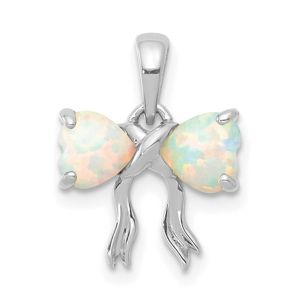 14k White Polished Created Opal Bow Pendant