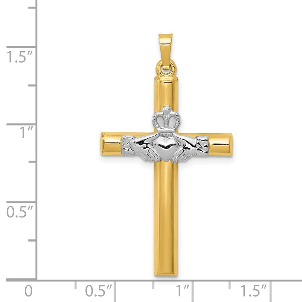 14K Two-tone Gold Claddagh Cross Pendant 41mm length