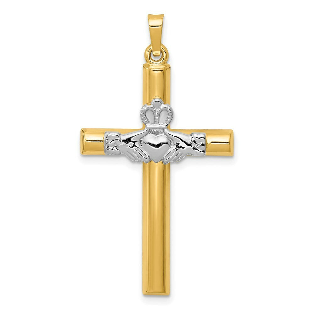 14K Two-tone Gold Claddagh Cross Pendant 41mm length