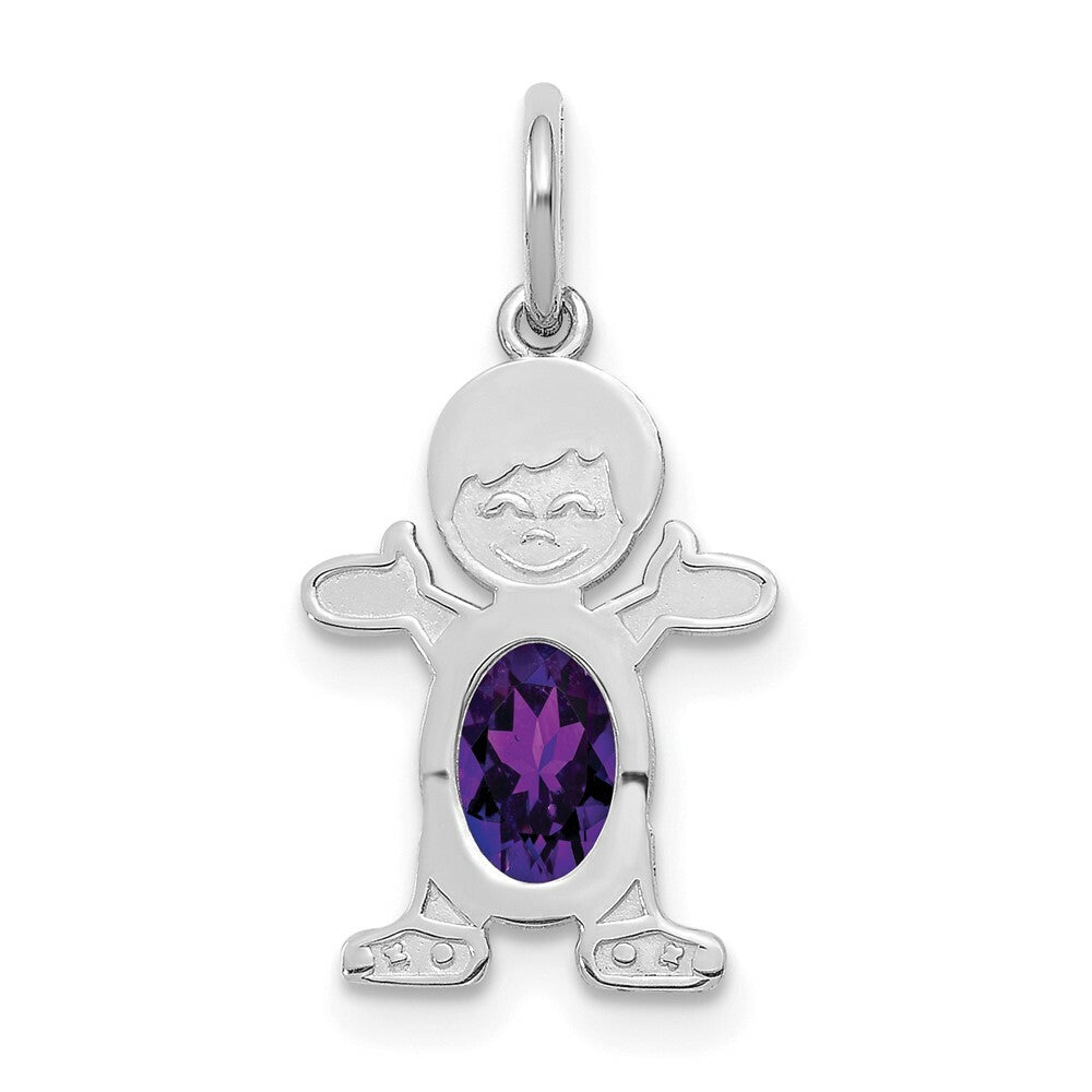 14K White Gold Boy 6x4 Oval Genuine Amethyst-February Birthstone Charm Pendant