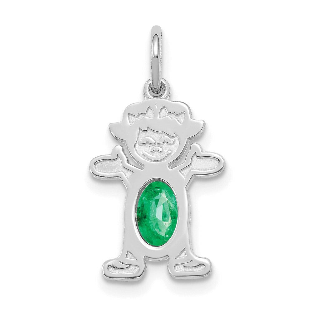 14K White Gold Girl 6x4 Oval Genuine Emerald-May Birthstone Charm Pendant