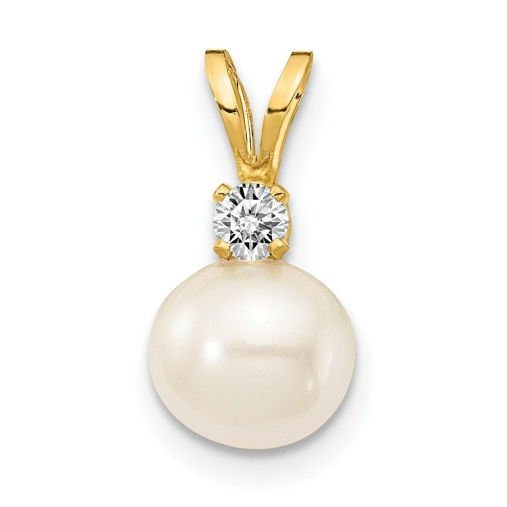 14k Yellow Gold 6mm White Freshwater Cultured Pearl AA Diamond Pendant