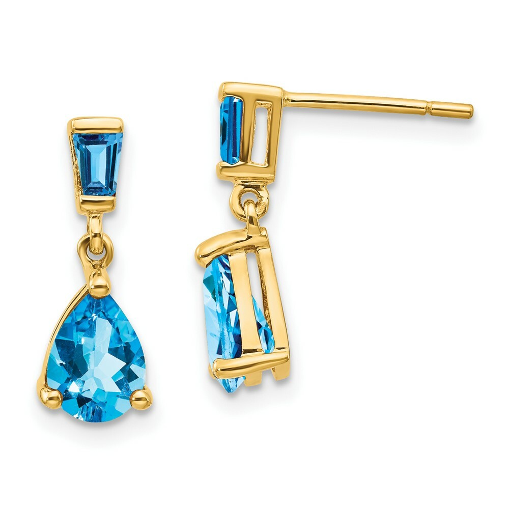 14K Yellow Gold Blue Topaz Dangle Post Earrings